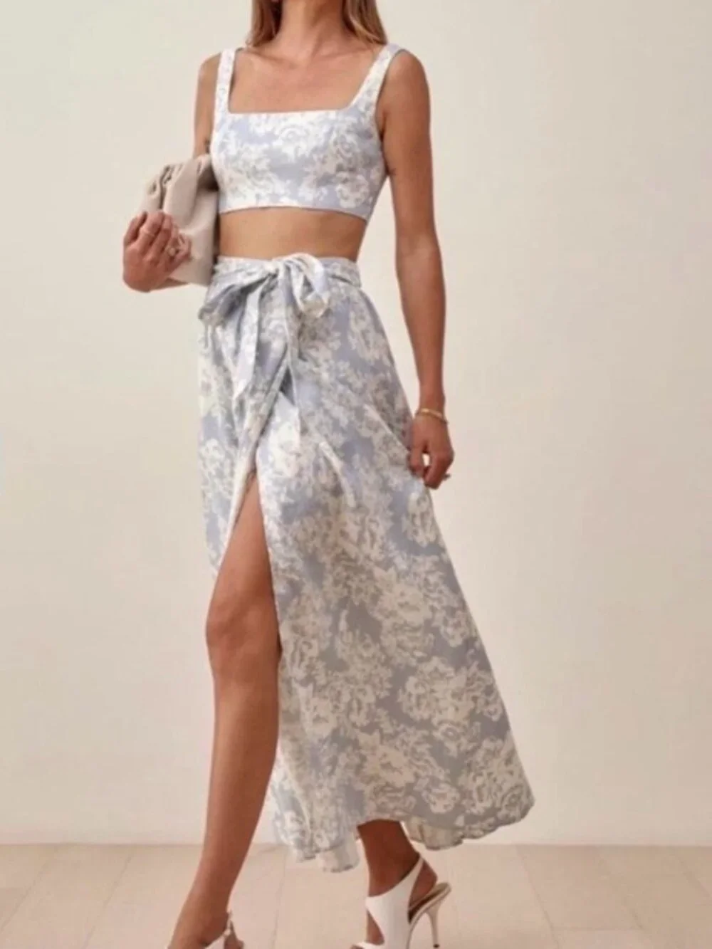 Reformation Pale Blue & Cream Floral Tie-Waist Linen Set (Palm Linen Two Piece)